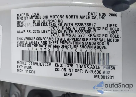 2007 Mitsubishi Endeavor Ls z USA, uszkodzony, nr VIN 4A4MM21S77E046318